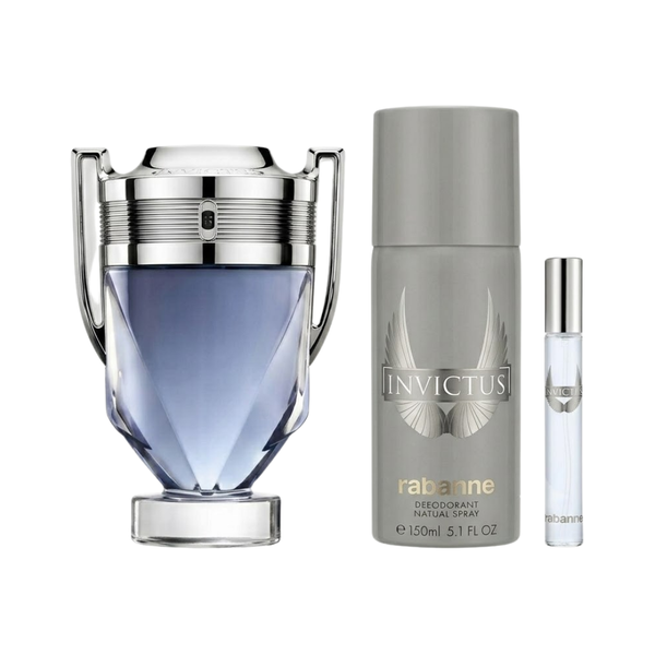 Rabanne Set Invictus 3 Pcs 3.4 Oz Edt + 5.1 Oz Deo + 10Ml Edt Men