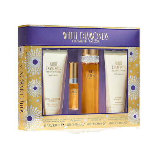 Elizabeth Taylor White Diamonds 4 Pcs set (3.3 Oz EDT, 0.33 Oz EDT, 3.3 Oz Body Wash, 3.3 Oz Body Lotion) for Women