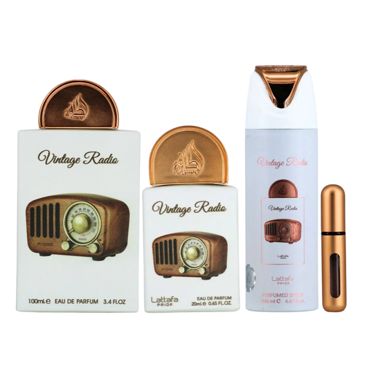 Lattafa Set Vintage Radio 3 Pcs Gift Set With 3.4 Oz Edp + 0.70 Oz Edp + 6.7 Ox Perfumed Men