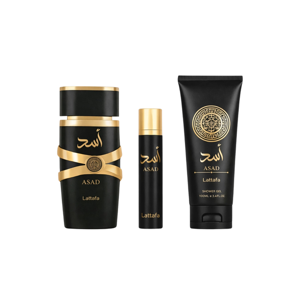 Lattafa Set Asad 3 Pcs 3.4 Oz Edp + 12Ml Travel Spray + 3.4 Oz Shower Gel Men