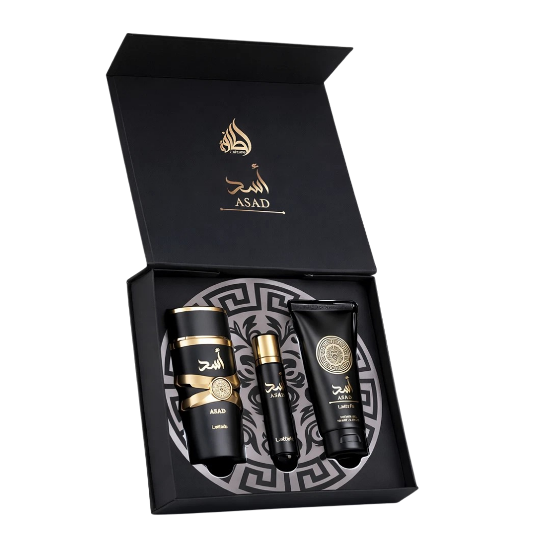 Lattafa Set Asad 3 Pcs 3.4 Oz Edp + 12Ml Travel Spray + 3.4 Oz Shower Gel Men