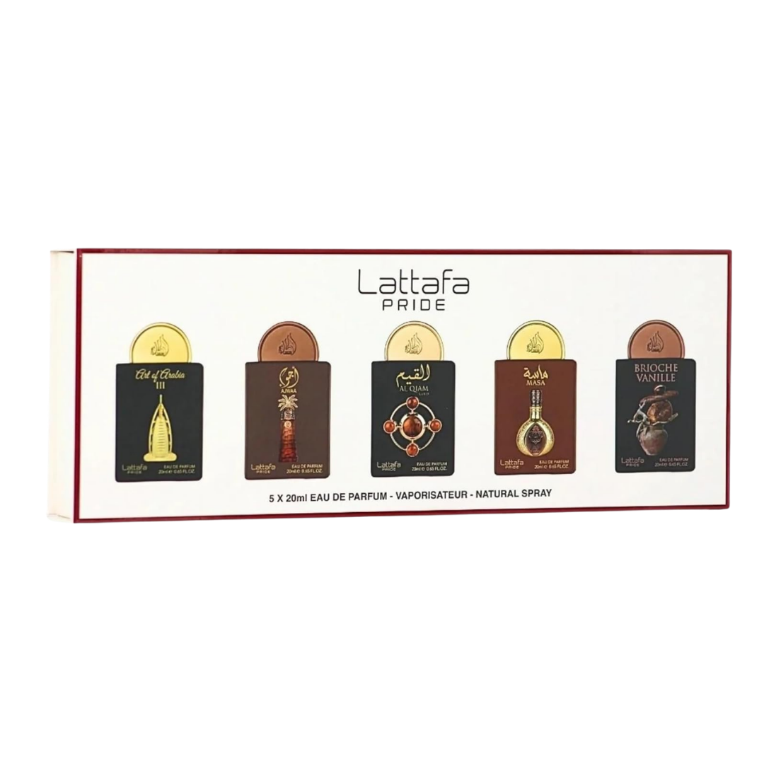 Lattafa Set Pride 0.67 Oz EDP: Art Of Arabia III + Ajwaa + Al Qiam Gold + Masa + Brioche Vanille Unisex