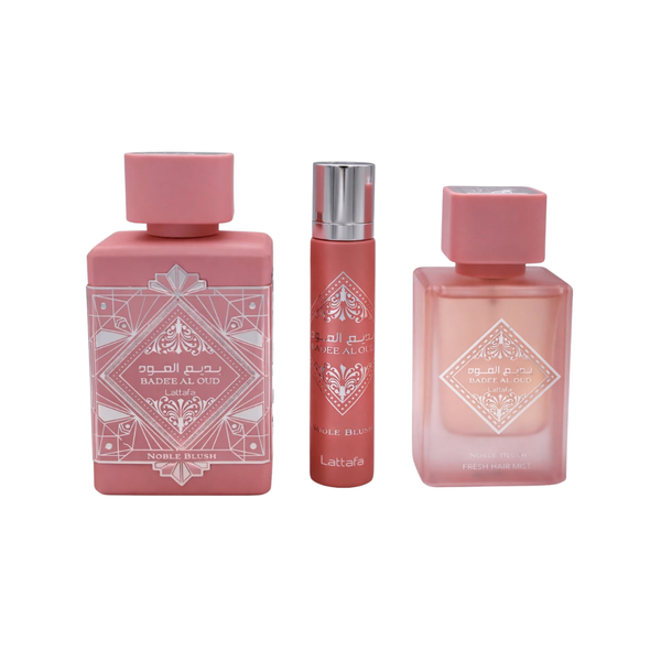 Lattafa Set Badee Al Oud Noble Blush 3 Pcs 3.4 Oz Edp + 12Ml Travel Spray + 50Ml Hairmist Women