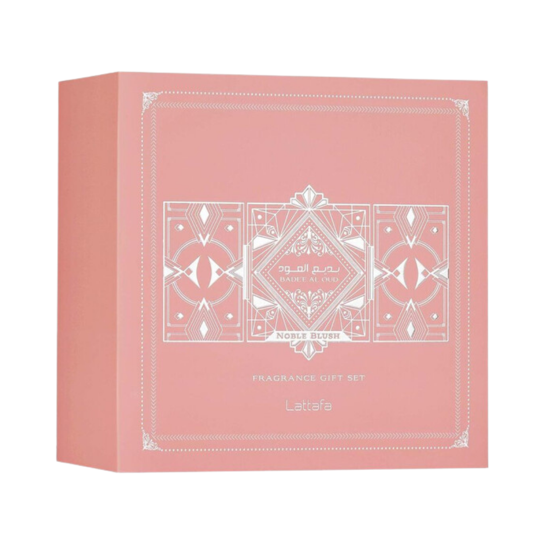Lattafa Set Badee Al Oud Noble Blush 3 Pcs 3.4 Oz Edp + 12Ml Travel Spray + 50Ml Hairmist Women