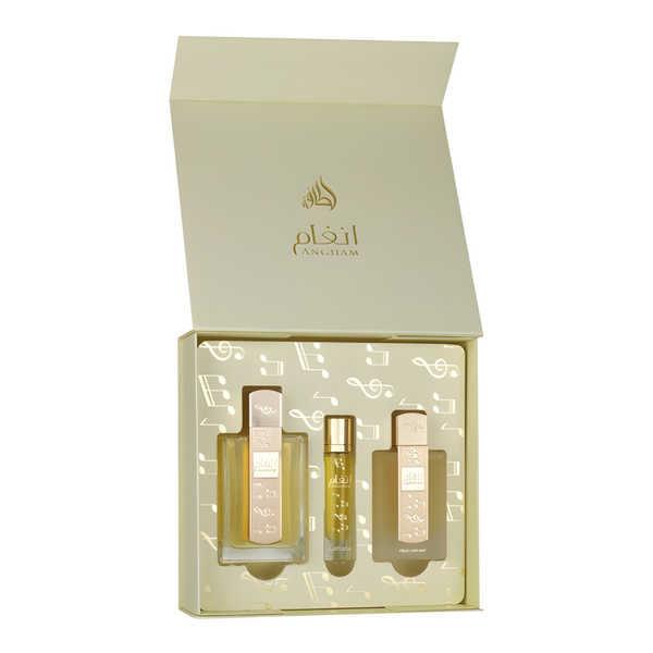 Lattafa Set Angham 3 Pcs 3.4 Oz Edp + 12Ml Travel Spray + 50Ml Hairmist Women