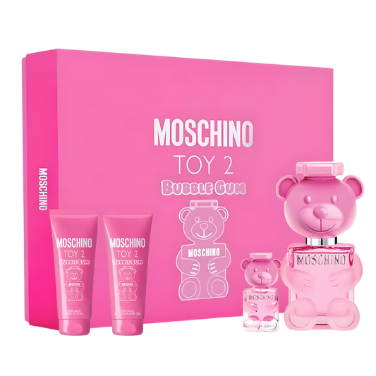Moschino Set Toy 2 Bubble Gum ( 4 Pc )3.4 Oz Edt / 0.34 Oz Edt / 3.4 Oz Body Lotion /3.4 Oz Shower Gel Women