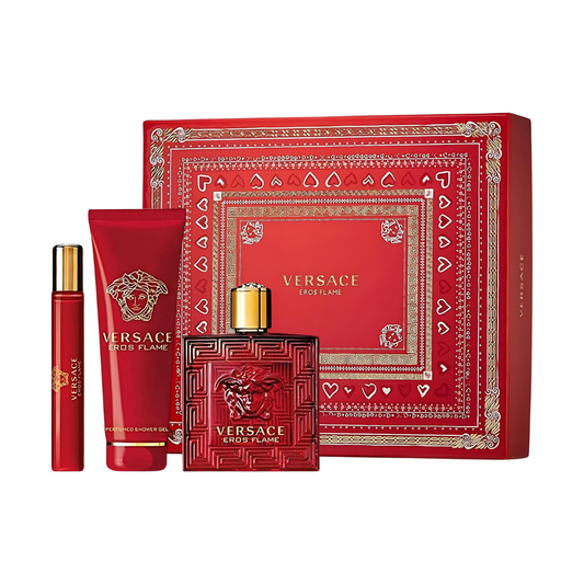 Versace Set EDP: Eros Flame 3.4 Oz Edp + Mini Edp 0.17 Oz + Bath & Shower Gel 5.0 Oz Men