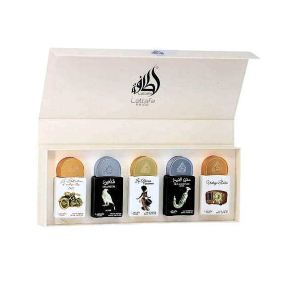 Lattafa Set Pride 5X 0.67 Oz Bike 1910-Shaheen Silver-African Drummer-Shuyukh Silver-Vintage Radio Edp Unisex