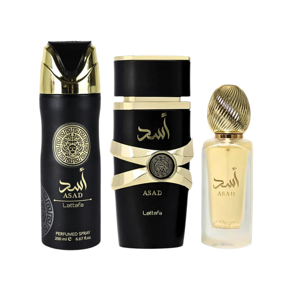 Lattafa Set Asad 3 Pcs Gift With 3.4 Oz Edp + 6.7 Oz Deo + 1.7 Oz Hairmis Men