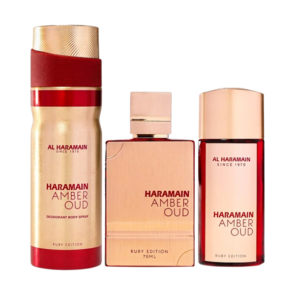 Al Haramain Set Amber Oud Ruby 3 Pc Set 2.5 Oz Edp 1.0 Oz Edp 6.6 Oz Body Sp Unisex