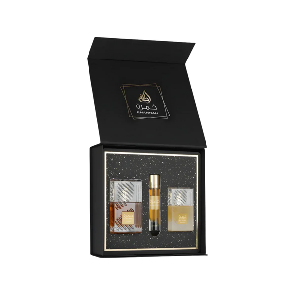 Lattafa Set Khamrah 3.4 Oz Edp + Travel Spray 12ml + 50ml Hairmist Men