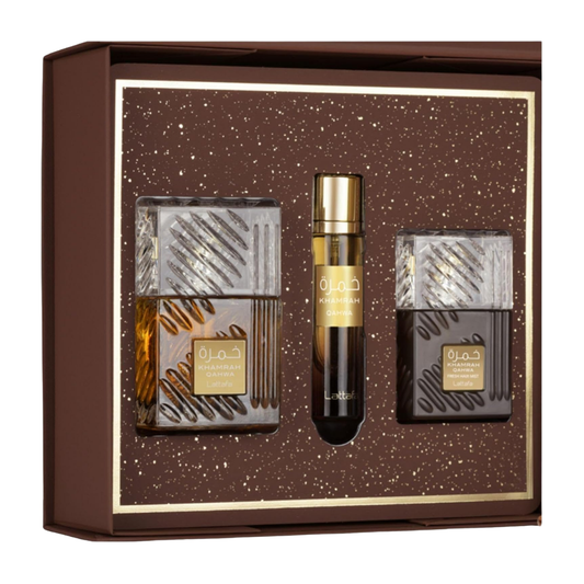 Lattafa Set Khamrah Qahwa 3.4 Oz Edp + Travel Spray 12ml + Hairmist 50ml Men