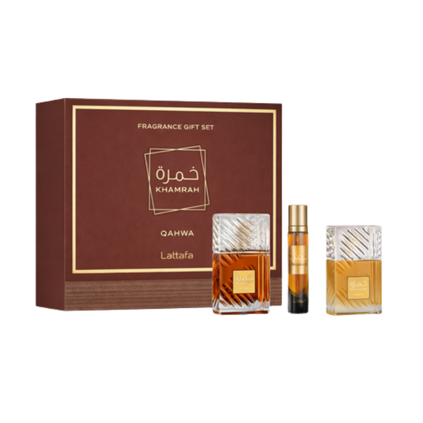 Lattafa Set Khamrah Qahwa 3.4 Oz Edp + Travel Spray 12ml + Hairmist 50ml Men