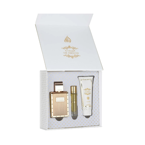 Lattafa Set The Kingdom 3.4 Oz Edp + Travel Spray 12ml + Shower Gel 3.4 Oz Men