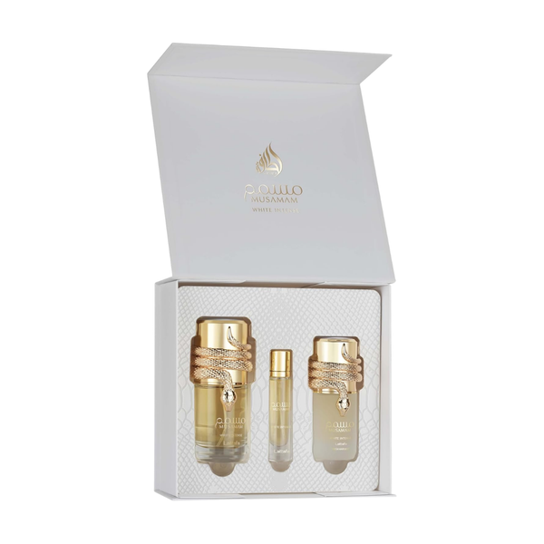 Lattafa Set Musamam White Intense 3.4 Oz Edp + Travel Spray 12ml + Hairmist 50ml Unisex