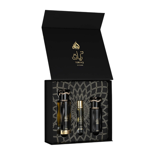 Lattafa Set Teriaq Intense 3.4 Oz Edp + Travel Spray 12ml + Hairmist 50ml Unisex