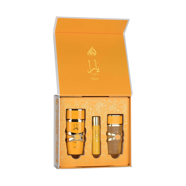 Lattafa Set Yara Tous 3.4 Oz Edp + Travel Spray 12ml + Hairmist 50ml Women