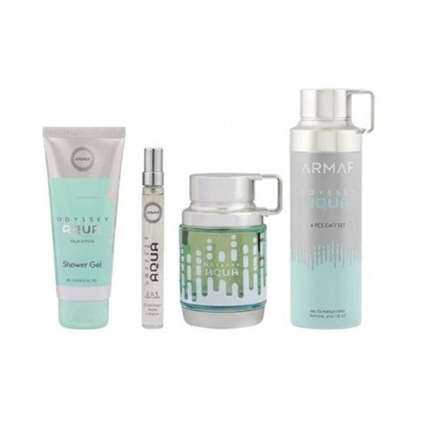 Armaf Set Odyssey Aqua 3.4 Oz Edp + Travel 10ml + Shower Gel 3.4 Oz + Body Spray 6.8 Oz Men