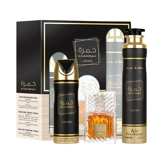 Lattafa Set Khamrah Khamrah 3 Pcs 3.4 Oz Edp 6.7 Oz Deo 10.1 Oz Air Freshner Men