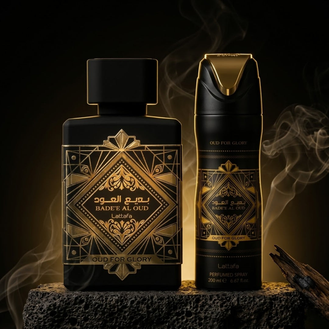 Lattafa Set Badee Al Oud 3.4 Oz Edp + Body Spray 6.4 Oz Men
