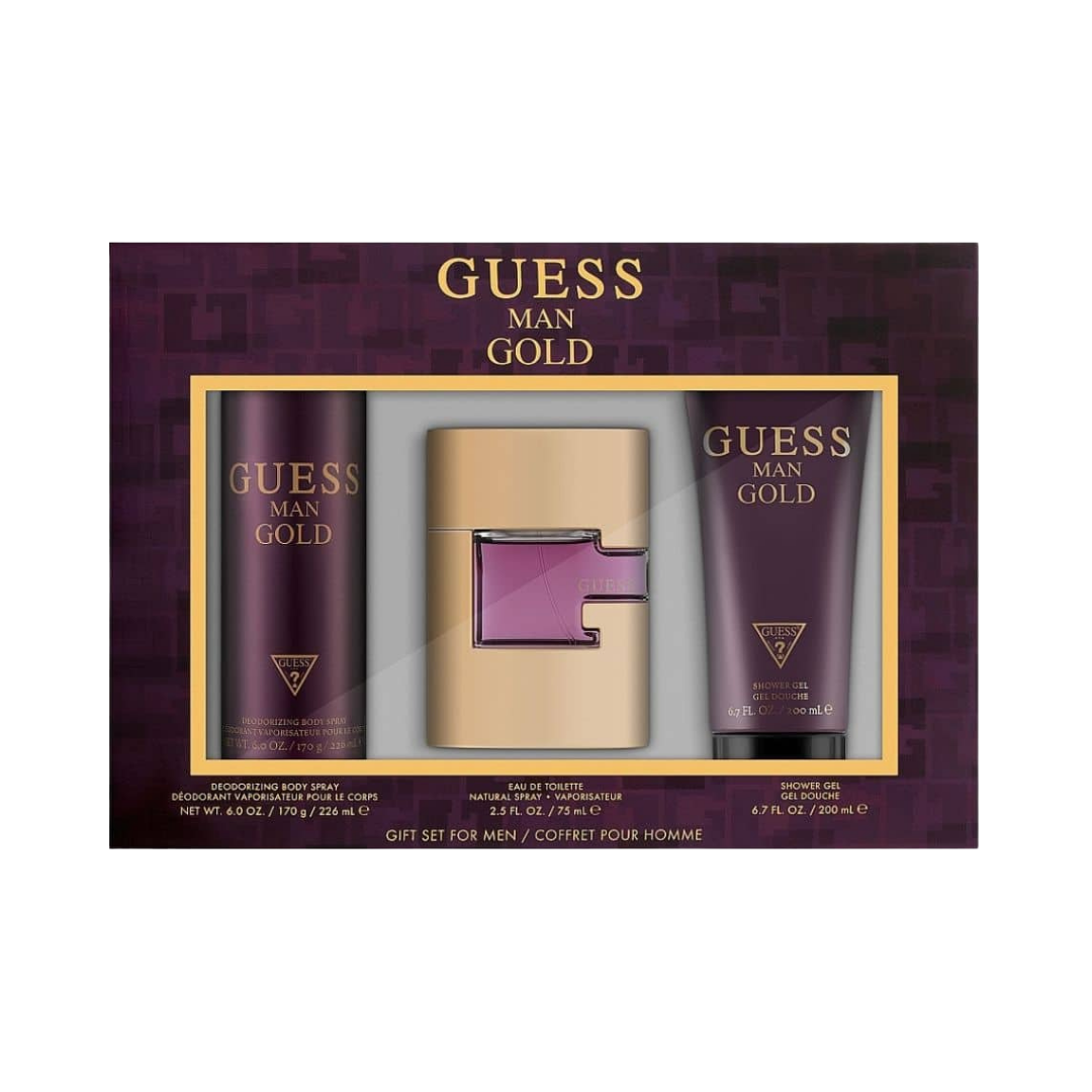 Guess Set Gold 2.5 Oz Edt & Body Mist 6 Oz & Shower Gel 6.7 Oz Men