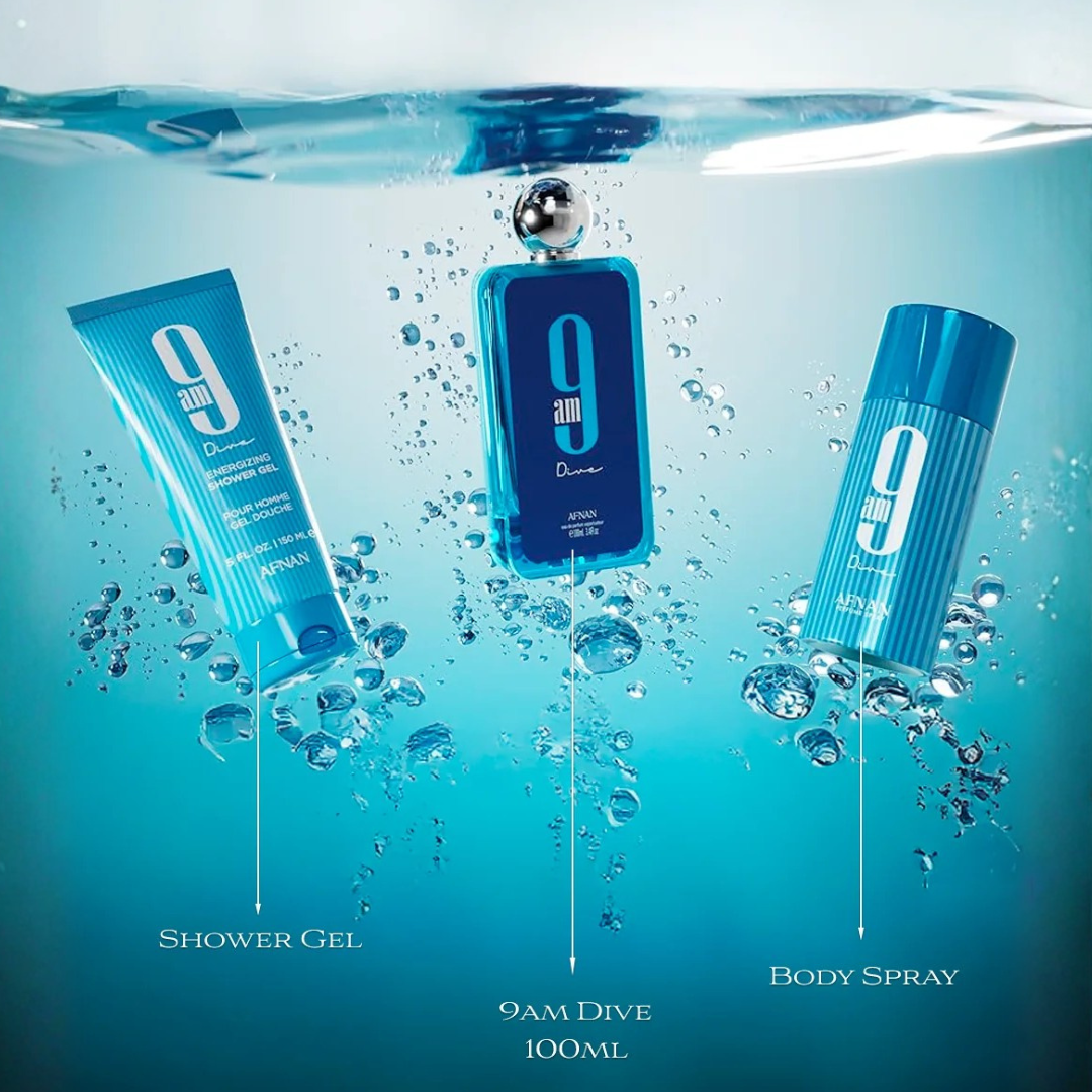 Afnan Set 9 Am Dive Edp 3.4 Oz Shower Gel 5.0 Oz Deodorant 5.0 Oz Men