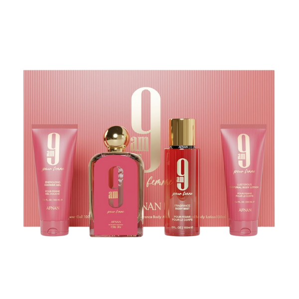 Afnan Set 9 Am Pour Femme 3.4 Oz Edp Shower Gel 5.0 Oz Body Mist 3.4 Oz Body Lotion 3.4 Oz Women