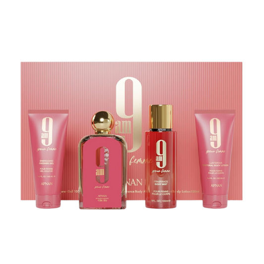 Afnan Set 9 Am Pour Femme 3.4 Oz Edp Shower Gel 5.0 Oz Body Mist 3.4 Oz Body Lotion 3.4 Oz Women