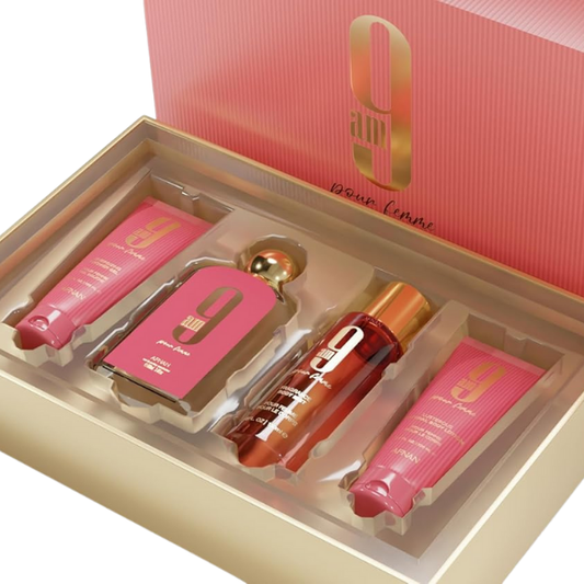 Afnan Set 9 Am Pour Femme 3.4 Oz Edp Shower Gel 5.0 Oz Body Mist 3.4 Oz Body Lotion 3.4 Oz Women