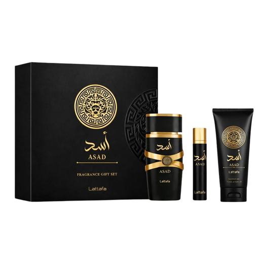 Lattafa Set Asad 3 Pcs 3.4 Oz Edp + 12Ml Travel Spray + 3.4 Oz Shower Gel Men