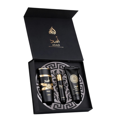 Lattafa Set Asad 3 Pcs 3.4 Oz Edp + 12Ml Travel Spray + 3.4 Oz Shower Gel Men