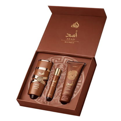 Lattafa Set Asad Bourbon 3 Pcs 3.4 Oz Edp + 12Ml Travel Spray + 3.4 Oz Shower Gel Men