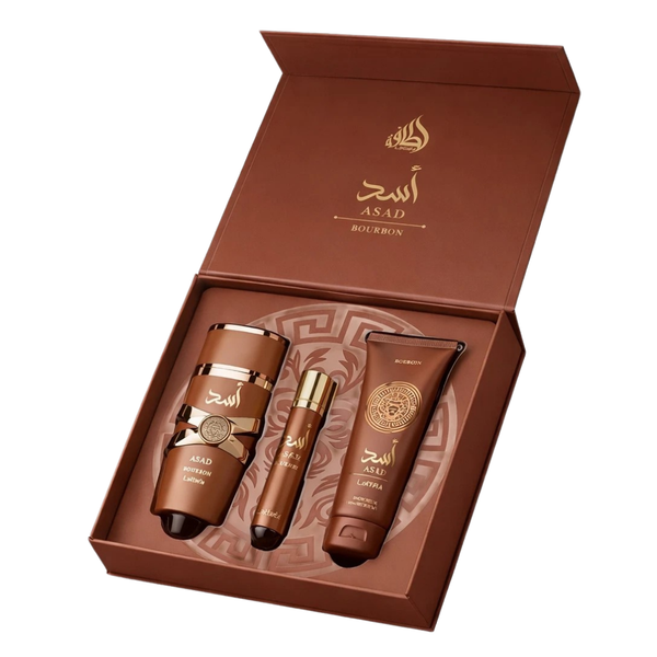 Lattafa Set Asad Bourbon 3 Pcs 3.4 Oz Edp + 12Ml Travel Spray + 3.4 Oz Shower Gel Men