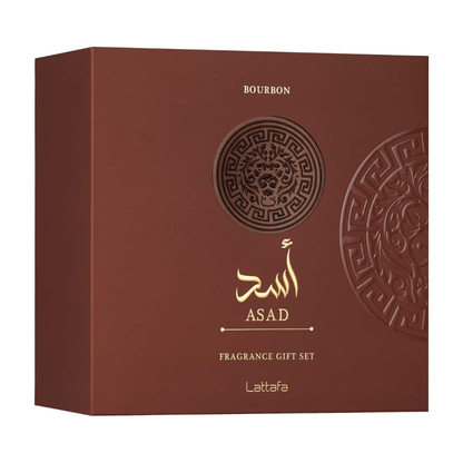Lattafa Set Asad Bourbon 3 Pcs 3.4 Oz Edp + 12Ml Travel Spray + 3.4 Oz Shower Gel Men