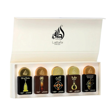 Lattafa Set Pride 0.67 Oz EDP: Art Of Arabia III + Ajwaa + Al Qiam Gold + Masa + Brioche Vanille Unisex