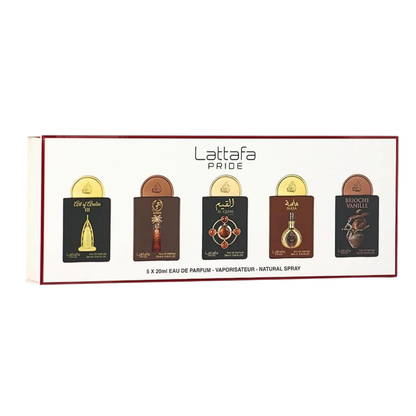 Lattafa Set Pride 0.67 Oz EDP: Art Of Arabia III + Ajwaa + Al Qiam Gold + Masa + Brioche Vanille Unisex