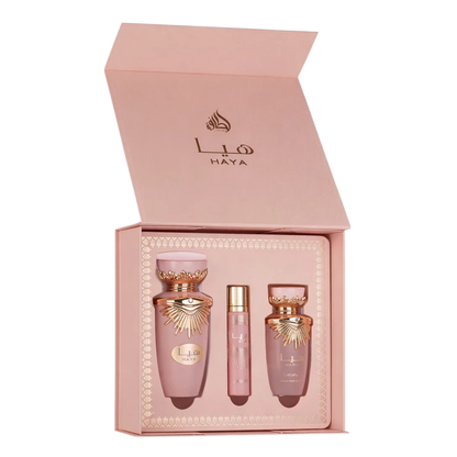 Lattafa Set Haya 3 Pcs 3.4 Oz Edp + 12Ml Travel Spray + 50Ml Hairmist Women
