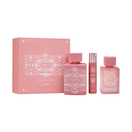 Lattafa Set Badee Al Oud Noble Blush 3 Pcs 3.4 Oz Edp + 12Ml Travel Spray + 50Ml Hairmist Women