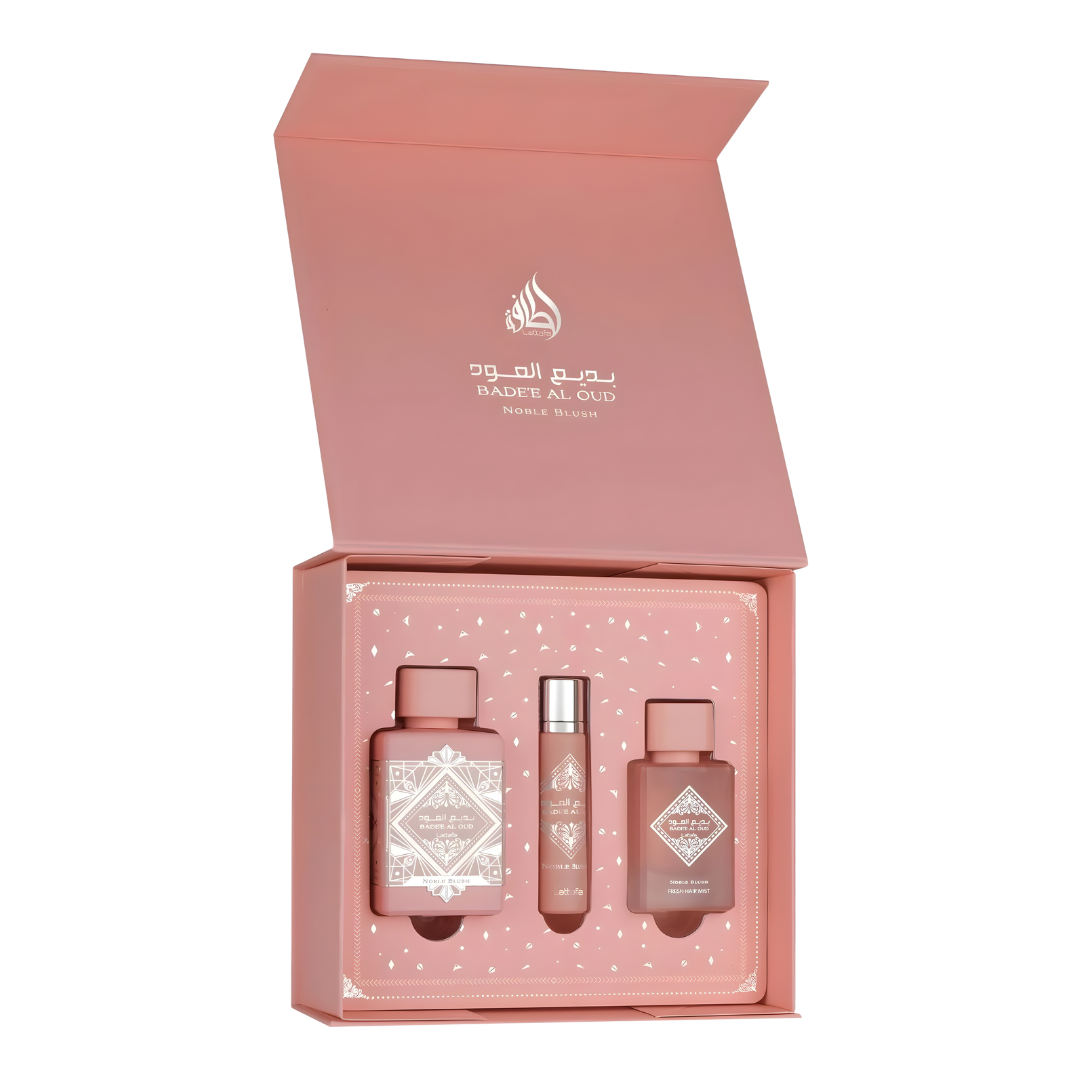 Lattafa Set Badee Al Oud Noble Blush  3 Pcs 3.4 Oz Edp + 12Ml Travel Spray + 50Ml Hairmist Women