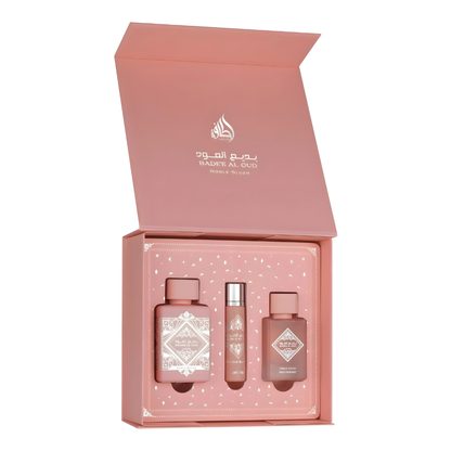 Lattafa Set Badee Al Oud Noble Blush  3 Pcs 3.4 Oz Edp + 12Ml Travel Spray + 50Ml Hairmist Women