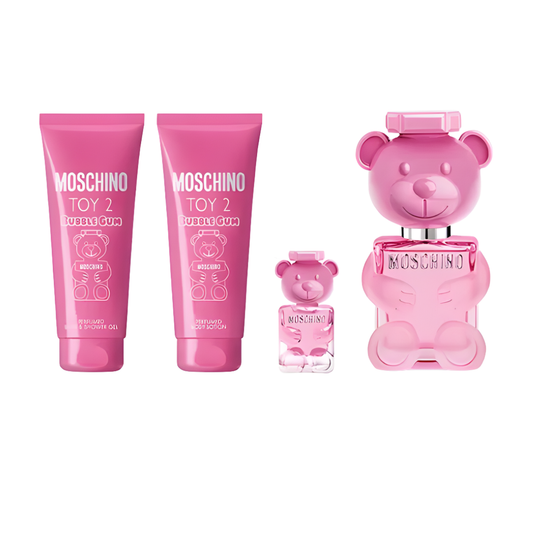 Moschino Set Toy 2 Bubble Gum ( 4 Pc )3.4 Oz Edt / 0.34 Oz Edt / 3.4 Oz Body Lotion /3.4 Oz Shower Gel Women