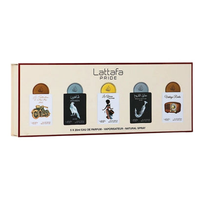 Lattafa Set Pride 5X 0.67 Oz Bike 1910-Shaheen Silver-African Drummer-Shuyukh Silver-Vintage Radio Edp Unisex