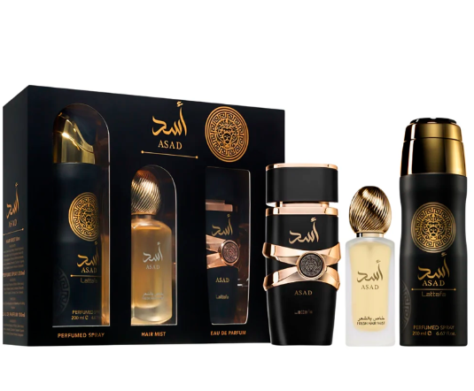 Lattafa Set Asad 3 Pcs Gift With 3.4 Oz Edp + 6.7 Oz Deo + 1.7 Oz Hairmis Men