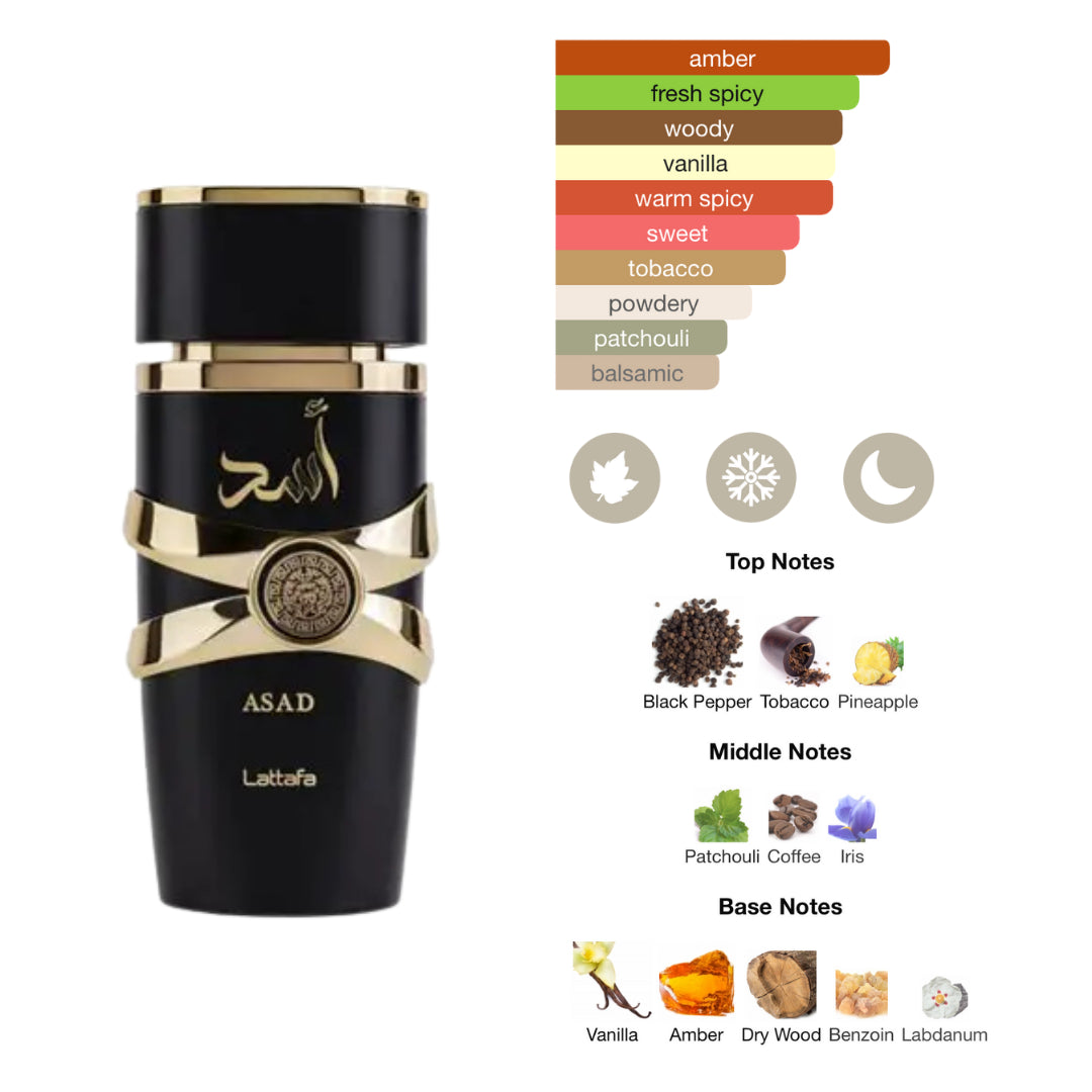 Lattafa Set Asad 3 Pcs Gift With 3.4 Oz Edp + 6.7 Oz Deo + 1.7 Oz Hairmis Men