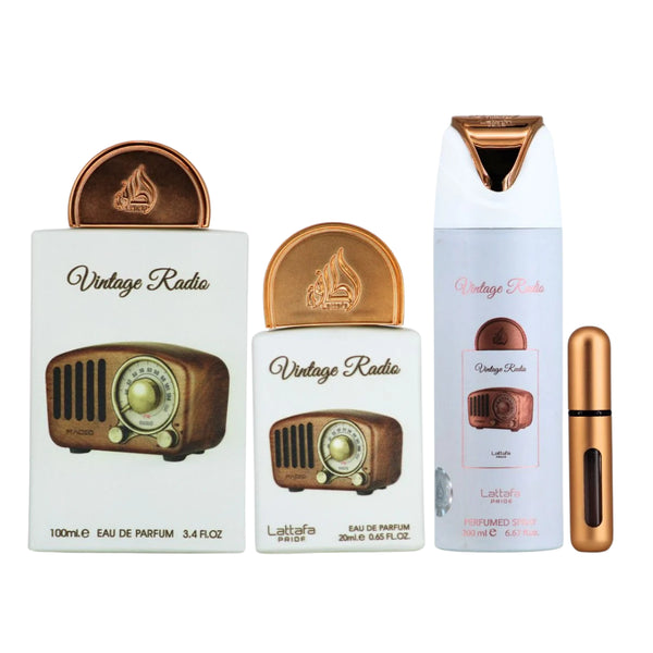 Lattafa Set Vintage Radio 3 Pcs Gift Set With 3.4 Oz Edp + 0.70 Oz Edp + 6.7 Ox Perfumed Men