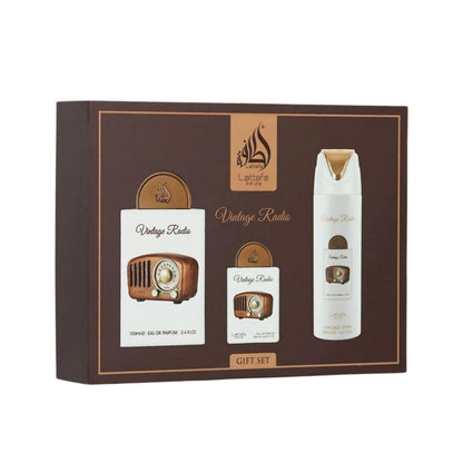 Lattafa Set Vintage Radio 3 Pcs Gift Set With 3.4 Oz Edp + 0.70 Oz Edp + 6.7 Ox Perfumed Men