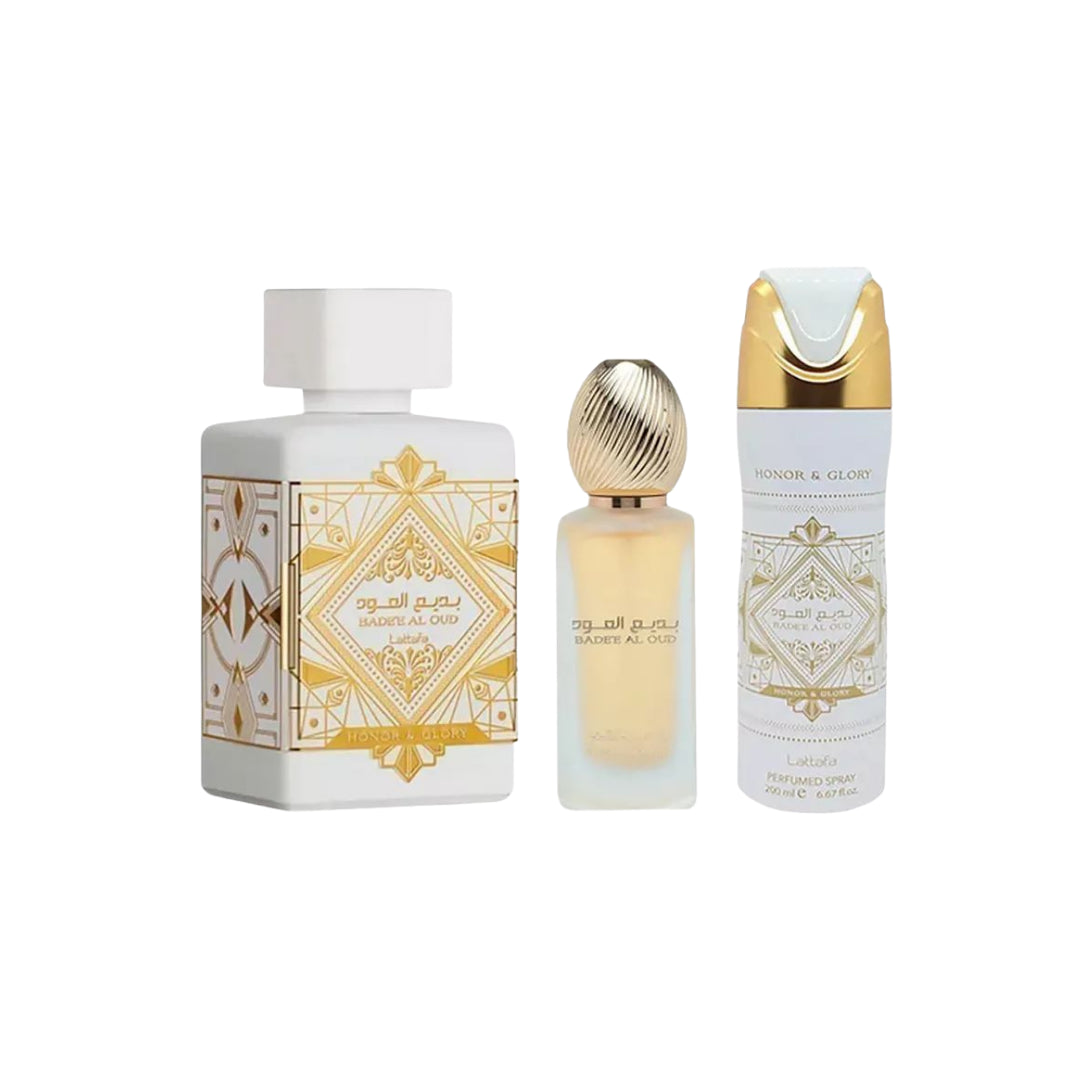 Lattafa Set Badee Al Oud Honor And Glory 3.4 Oz Edp + Deo 6.7 Oz + Hairmist 1.7 Oz Unisex