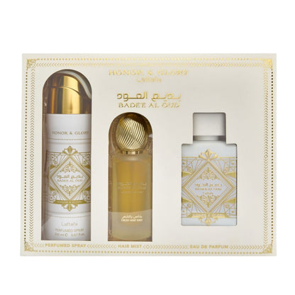 Lattafa Set Badee Al Oud Honor And Glory 3.4 Oz Edp + Deo 6.7 Oz + Hairmist 1.7 Oz Unisex