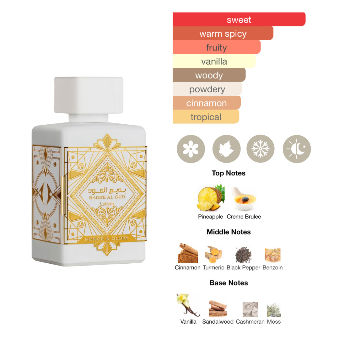 Lattafa Set Badee Al Oud Honor And Glory 3.4 Oz Edp + Deo 6.7 Oz + Hairmist 1.7 Oz Unisex