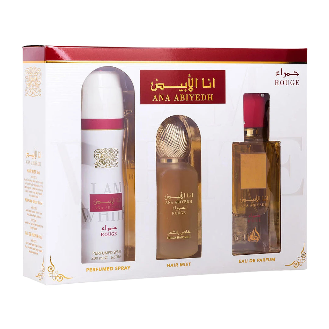Lattafa Set Ana Abiyedh Rouge 3 Pcs 3.4 Oz Edp + 6.7 Oz Deo + 1.7 Oz Hairmist Unisex